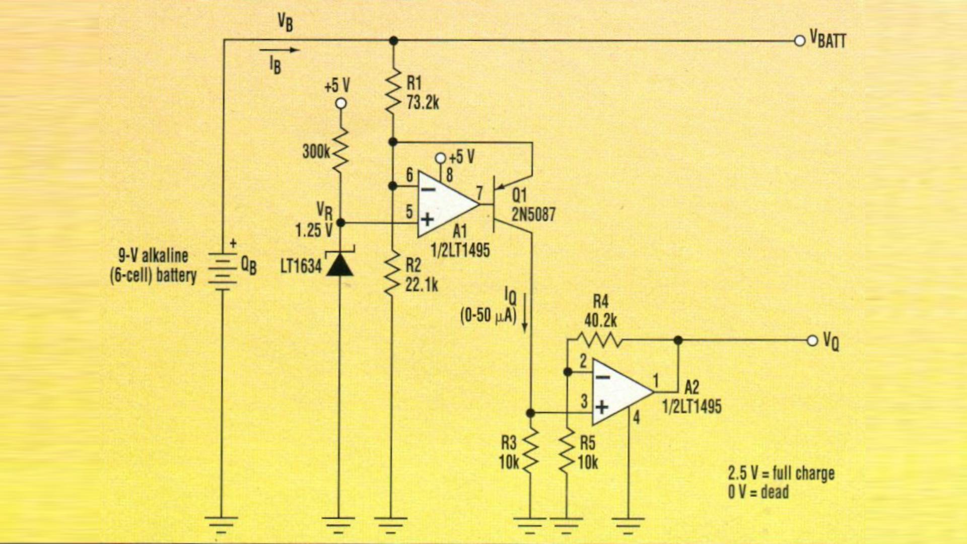 1. This circuit outputs a 0- to 2.5-V voltage that is proportional to the estimated remaining battery capacity. It can be adapted to different battery voltages and chemistries.