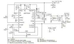 4. This is a typical circuit using Analog Devices ADP1828 to provide a 20 A output at 1.8 V. 4. This is a typical circuit using Analog Devices ADP1828 to provide a 20 A output at 1.8 V.