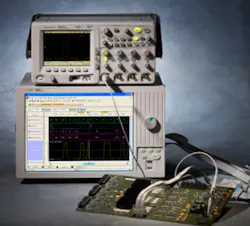 2. Logic analyzers uniquely offer both state and timing analysis. State analysis enables the capture of longer time windows and filters out transitions between valid states. Logic analyzers can interact with scopes when crosstriggering capabilities are needed. And, timealigned scope waveforms can be imported into the logic analyzer viewer as shown here with Agilent’s 16800 logic analysis system. 2. Logic analyzers uniquely offer both state and timing analysis. State analysis enables the capture of longer time windows and filters out transitions between valid states. Logic analyzers can interact with scopes when crosstriggering capabilities are needed. And, timealigned scope waveforms can be imported into the logic analyzer viewer as shown here with Agilent’s 16800 logic analysis system.