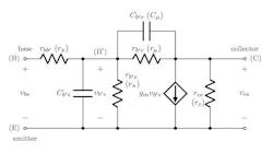 2. The hybrid-π equivalent circuit is a linear model that’s useful for describing the frequency-dependent behavior of a BJT under small-signal conditions. (Copyright © 2024 Stephen A. Dyer. All rights reserved.) 2. The hybrid-π equivalent circuit is a linear model that’s useful for describing the frequency-dependent behavior of a BJT under small-signal conditions. (Copyright © 2024 Stephen A. Dyer. All rights reserved.)