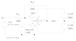 LTspice schematic of the K2-W op amp in a basic inverting configuration LTspice schematic of the K2-W op amp in a basic inverting configuration