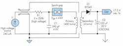 1. The venerable spark-gap is employed in this test circuit to create a robust, low-power relaxation oscillator at low cost. 1. The venerable spark-gap is employed in this test circuit to create a robust, low-power relaxation oscillator at low cost.