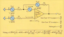 1. Noise sources - thermal noise generated by external resistors, intrinsic voltage, and current noise - are amplified by the noise gain (1 + R2/R1) of the circuit. 1. Noise sources - thermal noise generated by external resistors, intrinsic voltage, and current noise - are amplified by the noise gain (1 + R2/R1) of the circuit.