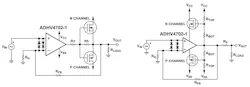 Lower-power op amps often use external bipolar transistors or MOSFETs as current (left) and voltage boosters (right) Lower-power op amps often use external bipolar transistors or MOSFETs as current (left) and voltage boosters (right)