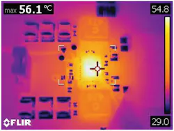 Thermal image captured for MAX25255 case top temperature measurement Thermal image captured for MAX25255 case top temperature measurement