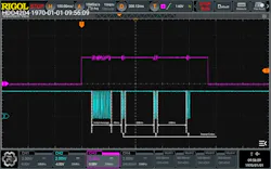 Modulated output signal covering the initial message and repeat code obtained on the demonstration board Modulated output signal covering the initial message and repeat code obtained on the demonstration board