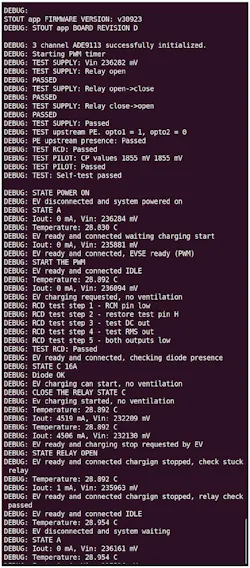 Debug messages received over the serial interface for a complete charging sequence Debug messages received over the serial interface for a complete charging sequence