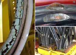 PVC cable jackets exhibiting swelling, cracking, and material degradation following chemical exposure PVC cable jackets exhibiting swelling, cracking, and material degradation following chemical exposure