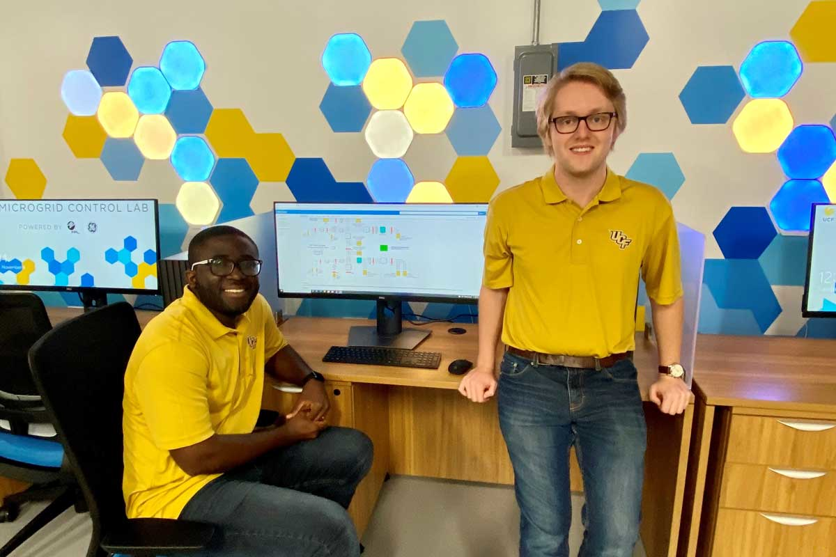 University of Central Florida students (from left) Kwasi Opoku and Max Carroll are excited to work in the school's new microgrid controls laboratory. Photo courtesy UCF
