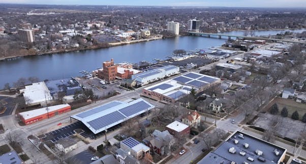 Aerial view of the Prairie Street Brewery Co. solar array. Image credit courtesy ComEd