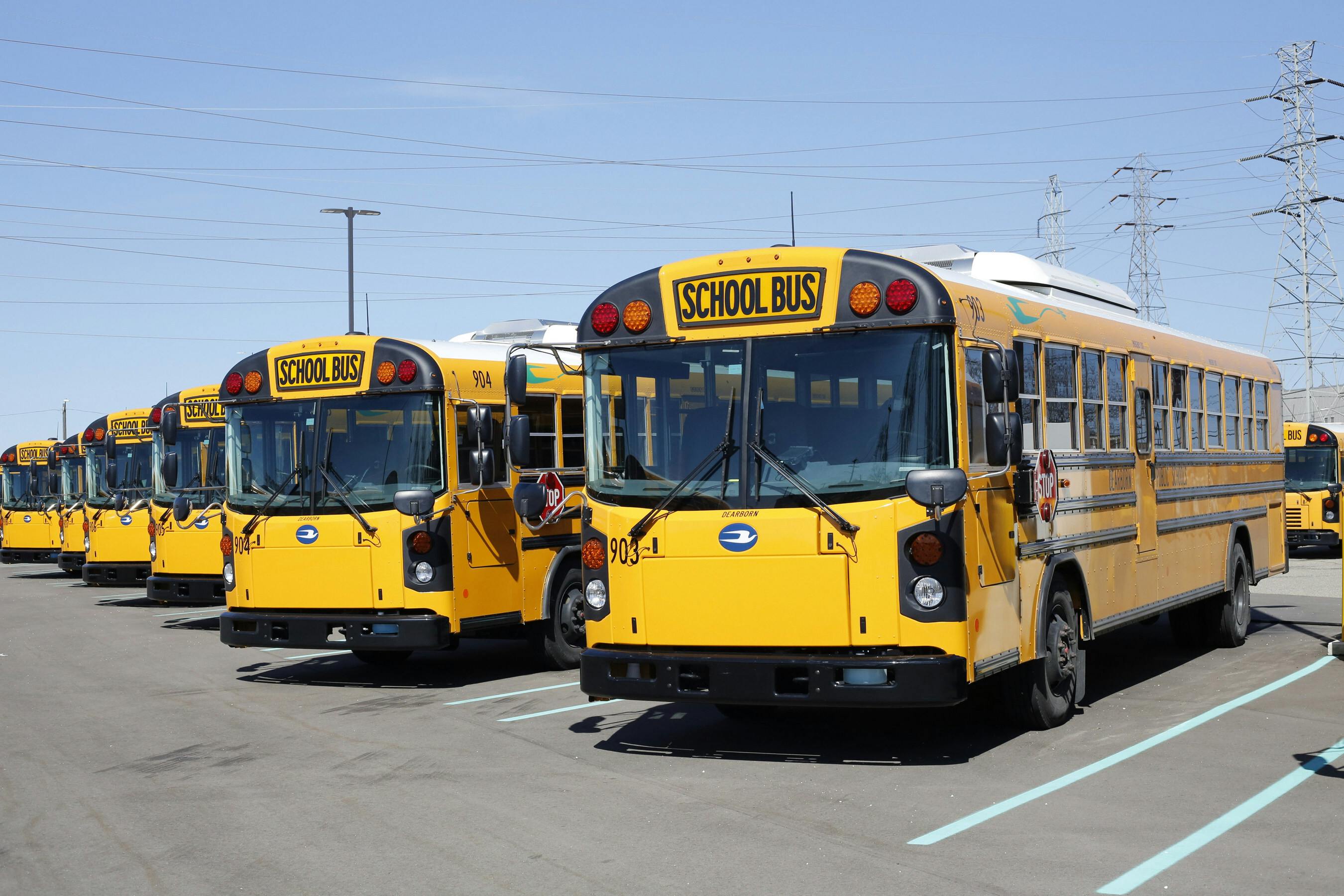 Dearborn Public Schools' new electric buses. Image credit Blue Bird, Highland Electric Fleets/PR Newswire