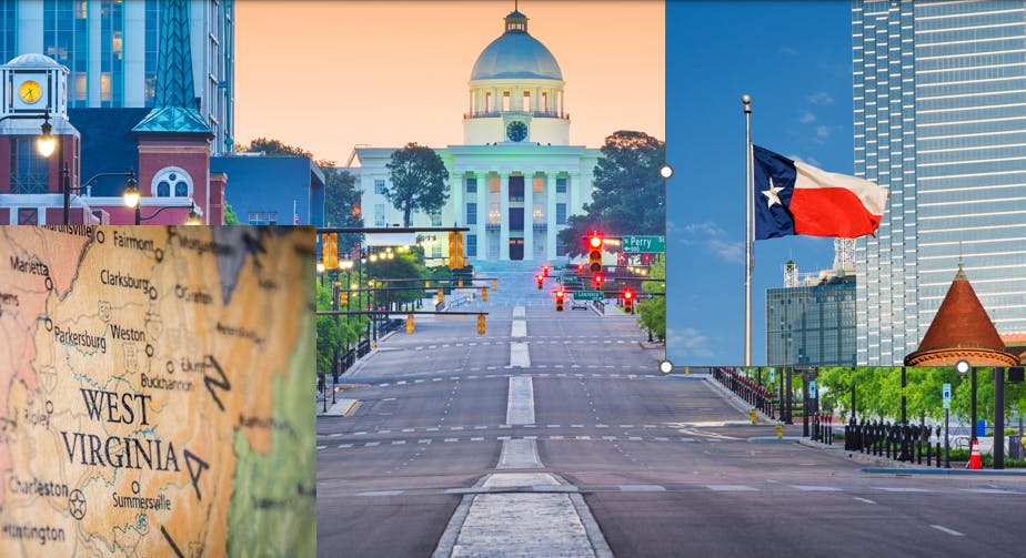 Photo collage of scenes from Alabama, Texas and West Virginia. Images credit Dreamstime and Shutterstock.com