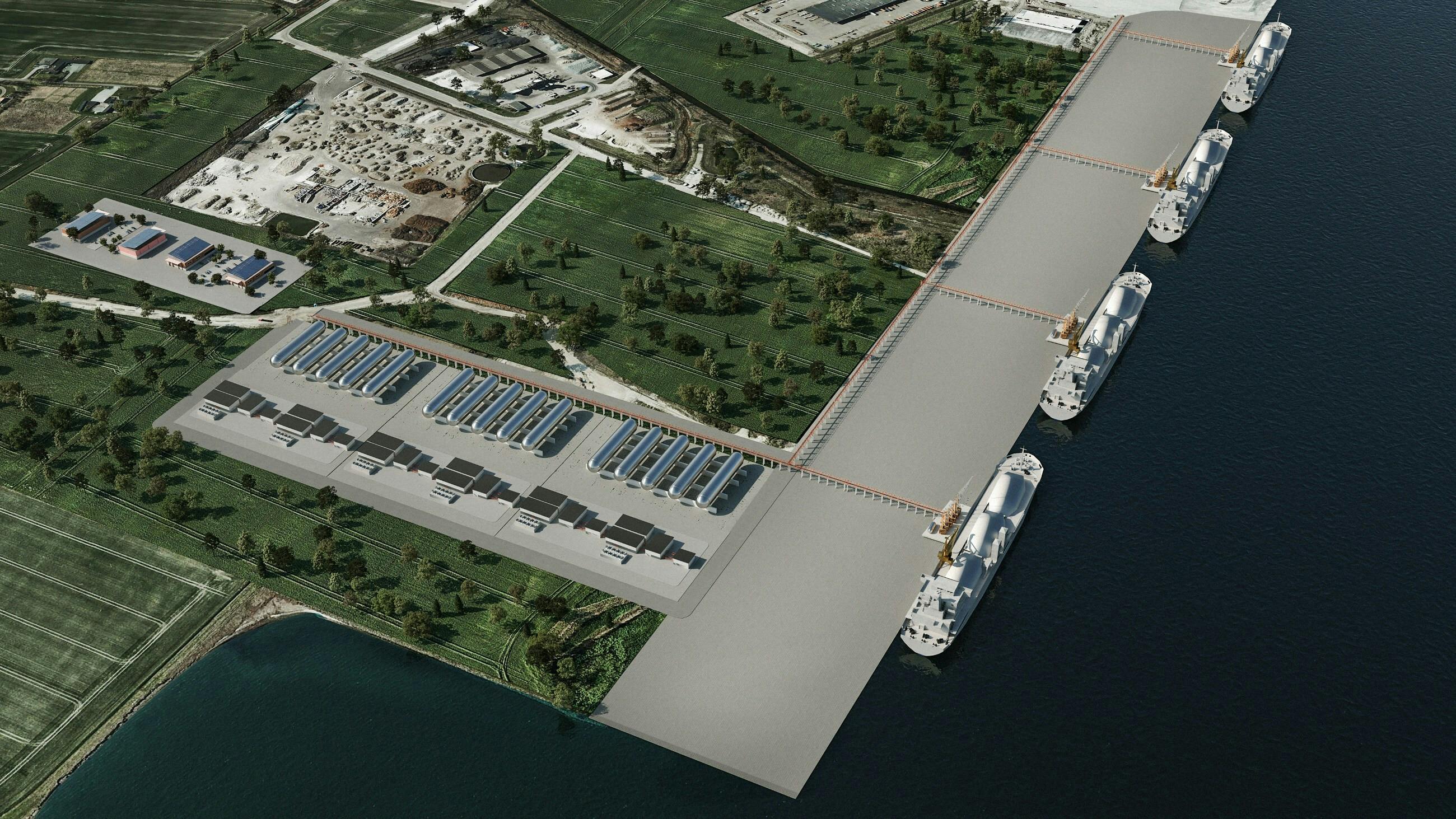 Rendering of Norne's liquid CO2 receiving facilities at the Port of Aalborg, Denmark. Image credit Fidelis New Energy