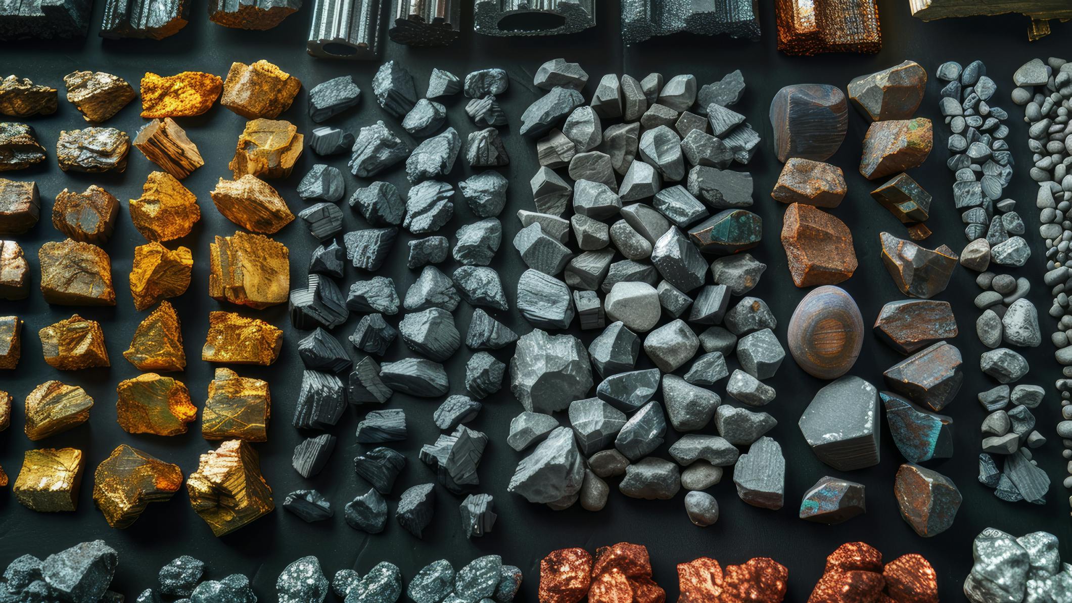 A detailed illustration of various rare earth metals, showcasing their significance in manufacturing smartphones, electric vehicles, and wind turbines. AI generated