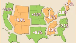 Map of United States showing percentchange sales forecasts for each region Map of United States showing percentchange sales forecasts for each region