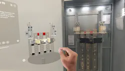 Apple Vision Pro user view of BILT 3D immersive instructions shows a digital rendering of Siemens P5 power panel and text window next to the real panel for side-by-side guided work. Apple Vision Pro user view of BILT 3D immersive instructions shows a digital rendering of Siemens P5 power panel and text window next to the real panel for side-by-side guided work.