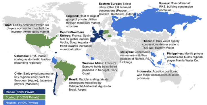 Private Water Utility Model – Global Footprint Overview (Source: Bluefield Research)