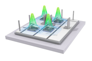 The POETS ERC aims to pack more power into less space for electrical technologies on the move by integrating novel 3-D cooling circuitry, power converters and algorithms for smart power management. Shown here is a spatial model of thermal loads generated in a candidate electronic system. The distribution of temperature is superimposed on the two-dimensional layout of individual chip sets. (Photo Credit: Professor Alan Mantooth at University of Arkansas)