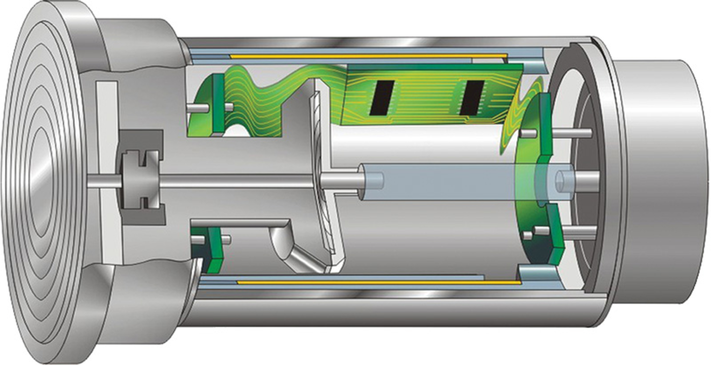 Figure 2. A condensation-resistant pressure instrument — such as this Endress+Hauser Deltapilot with a Contite sensor — is impervious to condensation-related drift because it has no vent to ambient air. The green section is a low-pressure side diaphragm.