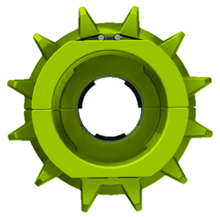 Figure 3. (Below) Side view of rotating buoyancy modules engineered to roll on the seafloor, reducing lateral friction and berm creation