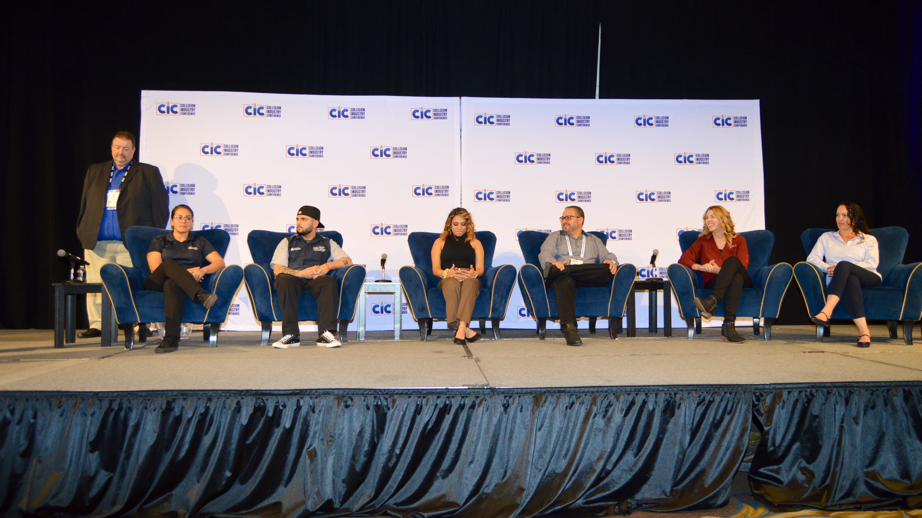 From left, Bud Center moderated a recent CIC discussion panel with Laura Lozano, Sam Ortega, Karina Badillo, Octavio Cavazos, Tiffany Silva, and Amber Alley.