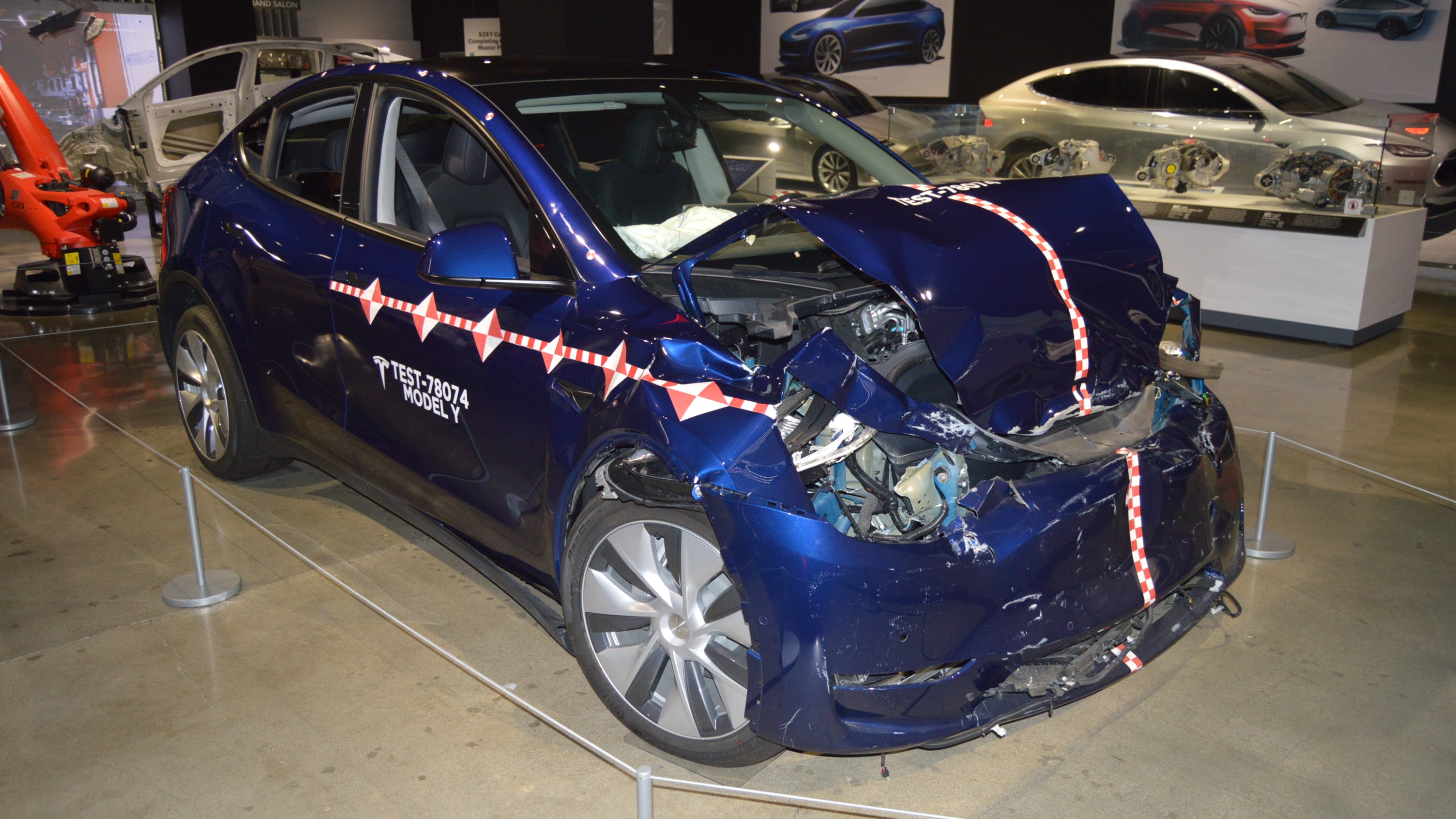 This crash-tested Tesla Model Y is part of an extensive Tesla EV exhibit at The Petersen Automotive Museum in Los Angeles.