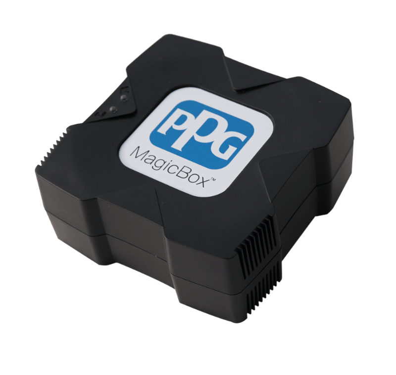 The PPG MAGICBOX&trade; smart device eliminates the need for specialized computers in the mixing room by delivering a PPG patented body shop assistant, connectable to new and existing USB scales in body shops.