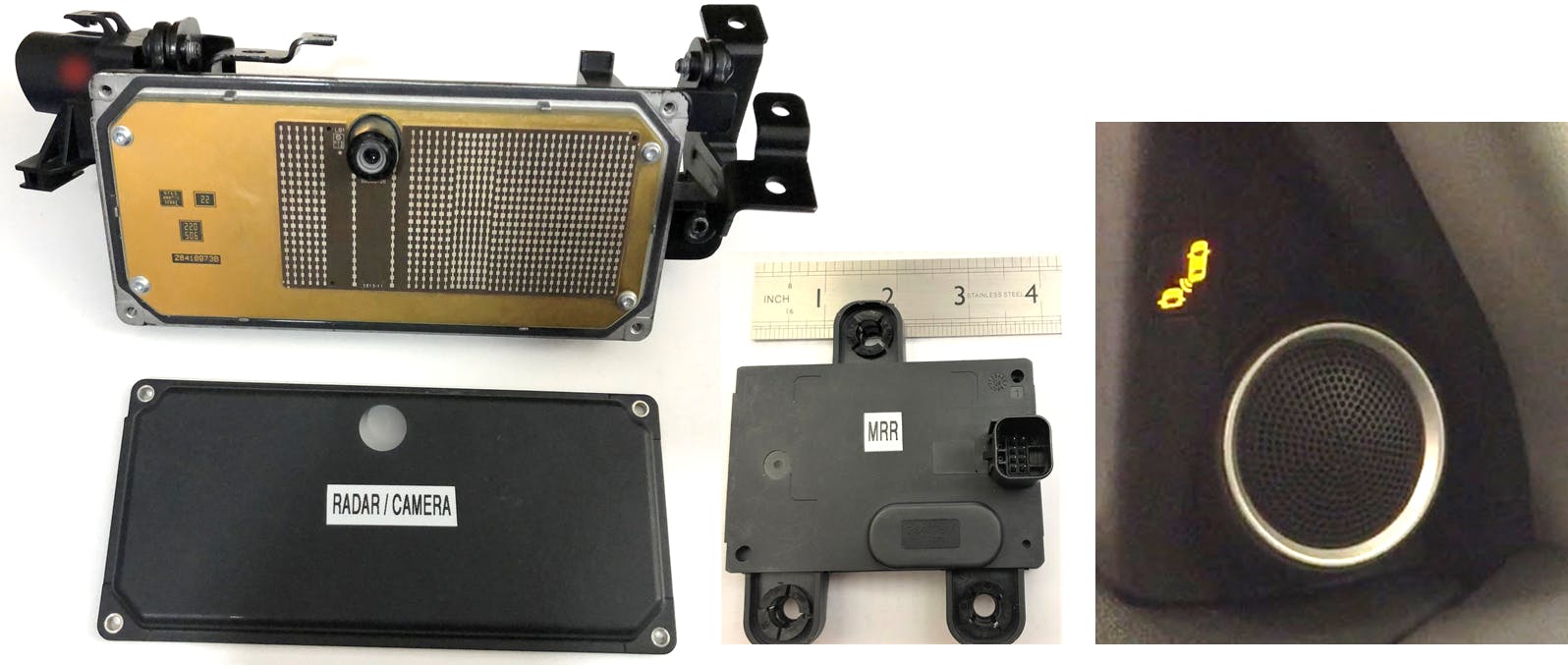 Figure 1- (Left) Aptiv electronically scanning long-range radar combined with digital &ldquo;smart&rdquo; camera (RACAM). Note the multiple vertical rows of dots. These rows are the radar antenna &ldquo;beams&rdquo; that scan back and forth to detect targets in front of the vehicle for adaptive cruise control. (Center) Aptiv electronically scanning medium-range radar (MRR) for Ford BLIS (Blind Spot). These sensors are located under the composite bumper covers. (Right) Seen above the A-pillar interior trim piece tweeter, the blind-spot monitor icon displays an alert.