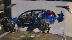 This exploded diagram 2023 Tesla Model Y is part of the 'Inside Tesla' exhibit at The Petersen Automotive Museum. This exploded diagram 2023 Tesla Model Y is part of the 'Inside Tesla' exhibit at The Petersen Automotive Museum.