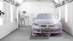 By placing the car to one side of the booth to allow access for only what is being painted, other parts can be loaded into the booth to be painted at the same time. By placing the car to one side of the booth to allow access for only what is being painted, other parts can be loaded into the booth to be painted at the same time.