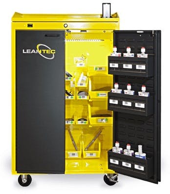 One of LeanTec&rsquo;s products, the secure mobile cart, holds approximately 60 products organized into multi-sized bins,with a secure Bluetooth latch, door sensors, an alarm and the ability to limit employee access.