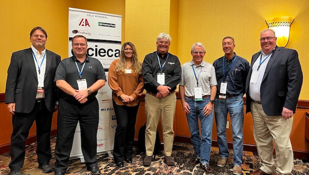 Architecture Committee members are pictured at the 2022 CIECA CONNEX Conference in St. Charles, Mo. From l.: CIECA Past Chair Jeff Schroder, Car-Part.com; Andy Bober, Entegral; Paulette Reed, CIECA's technical project manager; Mike Hastings, Car-Part.com; Architecture Committee Chair Dan Webster, Enlyte; CIECA Chair Phil Martinez, Mitchell International; and Paul Barry, CIECA's executive director.
