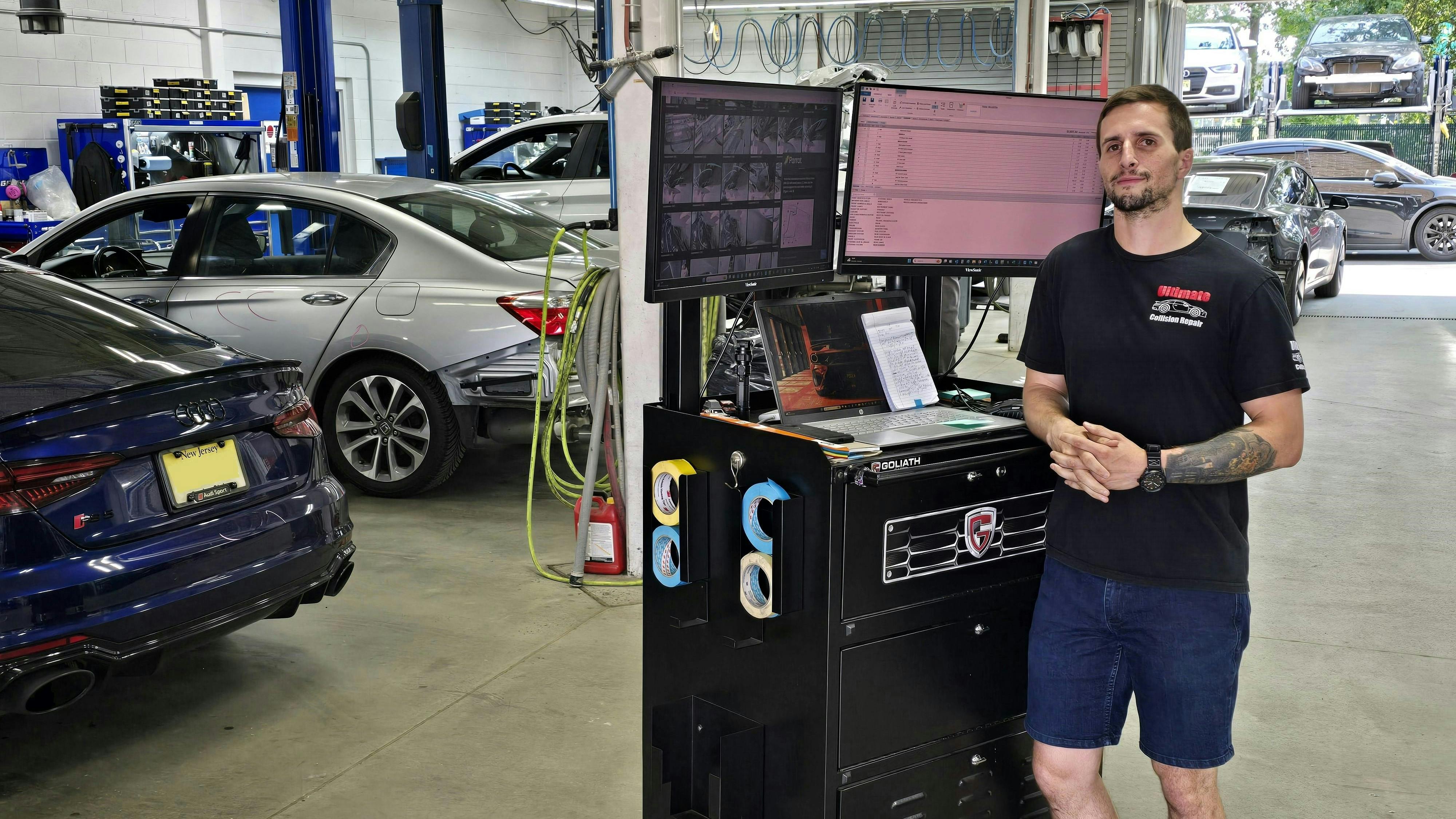 Anthony McNee, 2024 Best Repair Planner/Estimator Award winner, uses Goliath Carts&rsquo; ADAS Cart, which combines a laptop in the middle with two external monitors, a &ldquo;big help&rdquo; for him as he writes a repair plan and needs to refer to OEM repair procedures, position statements, bulletins, and the like.