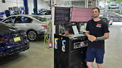 Anthony McNee, 2024 Best Repair Planner/Estimator Award winner, uses Goliath Carts’ ADAS Cart, which combines a laptop in the middle with two external monitors, a “big help” for him as he writes a repair plan and needs to refer to OEM repair procedures, position statements, bulletins, and the like. Anthony McNee, 2024 Best Repair Planner/Estimator Award winner, uses Goliath Carts’ ADAS Cart, which combines a laptop in the middle with two external monitors, a “big help” for him as he writes a repair plan and needs to refer to OEM repair procedures, position statements, bulletins, and the like.