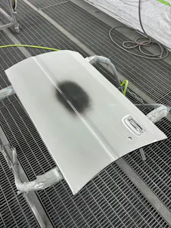 Spot primer sealer repair in the middle of a door repair for small damage to keep small on the color blend. Spot primer sealer repair in the middle of a door repair for small damage to keep small on the color blend.