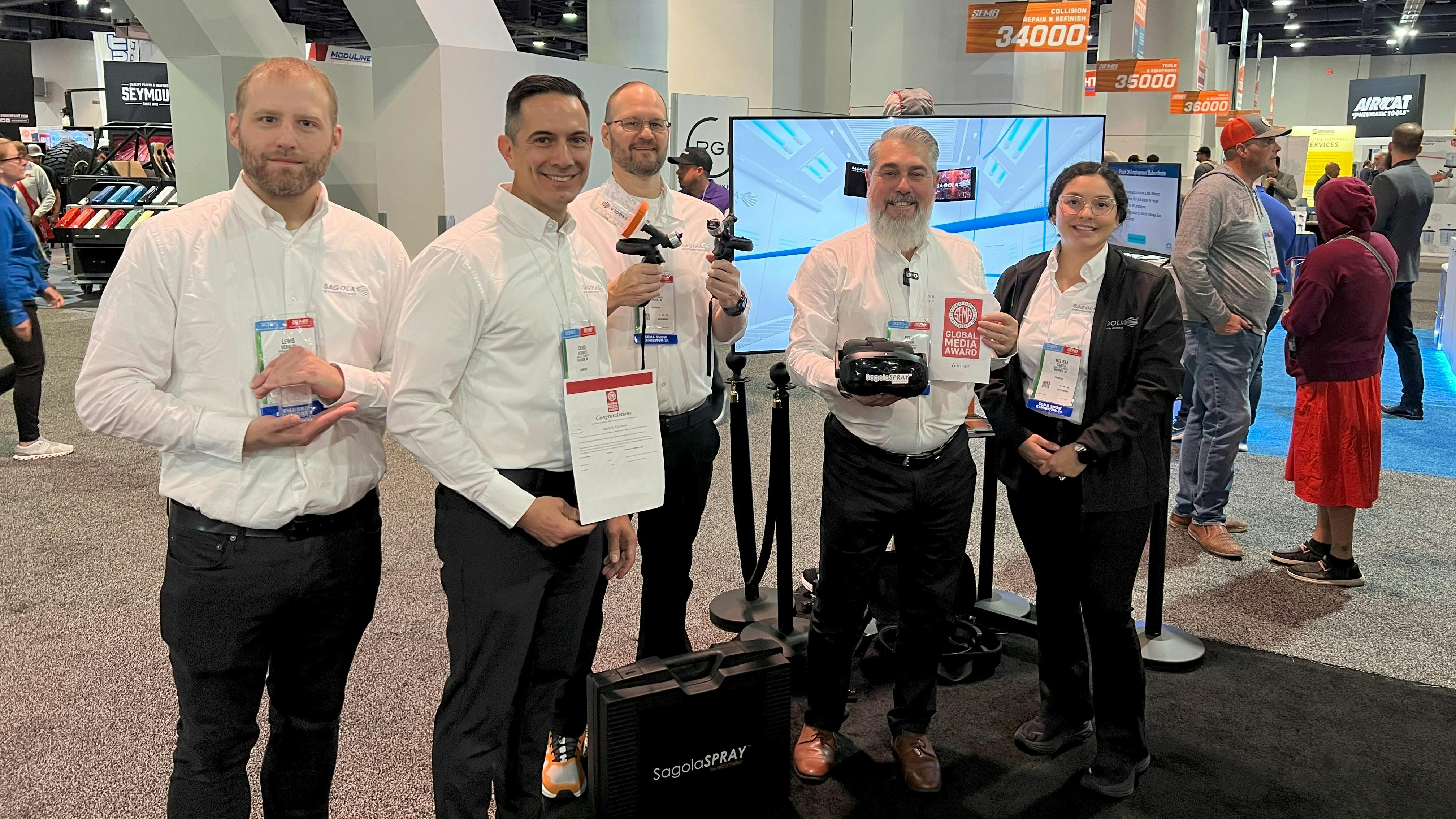 From left: Lewis Veraldi, Chris Beninati, Brad Mager, Peter Bloem, and Melissa Garcia, at Sagola's SEMA Show booth.