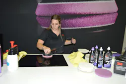 3M Application Engineer Paige Wogahn demonstrates proper polishing techniques. 3M Application Engineer Paige Wogahn demonstrates proper polishing techniques.