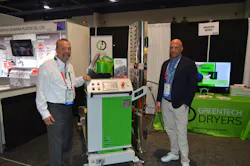 Collision Repair equipment veteran Tim Morgan (left), CEO of 2nd Chance Projects LLC, is assisted at his SEMA Show booth by Francesco Bertoli, principal CEO of Greentech Dryers S.r.l.. Morgan says the product line, the first of which he has in the works, will save at least 40% of the time typically needed to cure primer, basecoat, and clear through its use of gas catalytic curing. Collision Repair equipment veteran Tim Morgan (left), CEO of 2nd Chance Projects LLC, is assisted at his SEMA Show booth by Francesco Bertoli, principal CEO of Greentech Dryers S.r.l.. Morgan says the product line, the first of which he has in the works, will save at least 40% of the time typically needed to cure primer, basecoat, and clear through its use of gas catalytic curing.