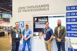 The Diagnostic Network featured a technician competition against its robot, AiDN called 'Beat the Bot' in the South Hall Upper Level. ASE and MotorAge Training supported the contest in which players answered ASE-style questions for bragging rights and to win a t-shirt. At the booth when FenderBender dropped by are, from left: Founder Scott Brown, who is also a contributor to Motor Age and Professional Tool & Equipment News, brands from FenderBender's publisher; Dave Baartman, head of OE application and service development at Opus IVS; Donny Seyfer, executive officer at the National Automotive Service Task Force; and Lyle Knopf, new business development for Spud Software. The Diagnostic Network featured a technician competition against its robot, AiDN called 'Beat the Bot' in the South Hall Upper Level. ASE and MotorAge Training supported the contest in which players answered ASE-style questions for bragging rights and to win a t-shirt. At the booth when FenderBender dropped by are, from left: Founder Scott Brown, who is also a contributor to Motor Age and Professional Tool & Equipment News, brands from FenderBender's publisher; Dave Baartman, head of OE application and service development at Opus IVS; Donny Seyfer, executive officer at the National Automotive Service Task Force; and Lyle Knopf, new business development for Spud Software.