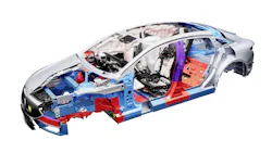 The varying materials of the Mercedes-Benz EQS body shell are shown in different colors and form the outer deformation zones of the vehicle. The varying materials of the Mercedes-Benz EQS body shell are shown in different colors and form the outer deformation zones of the vehicle.