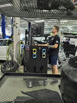 ENHANCED REPAIR PLANNING: An estimating cart with dual monitors, such as this Goliath ADAS Cart, is placed near parts carts and tables during repair planning. ENHANCED REPAIR PLANNING: An estimating cart with dual monitors, such as this Goliath ADAS Cart, is placed near parts carts and tables during repair planning.