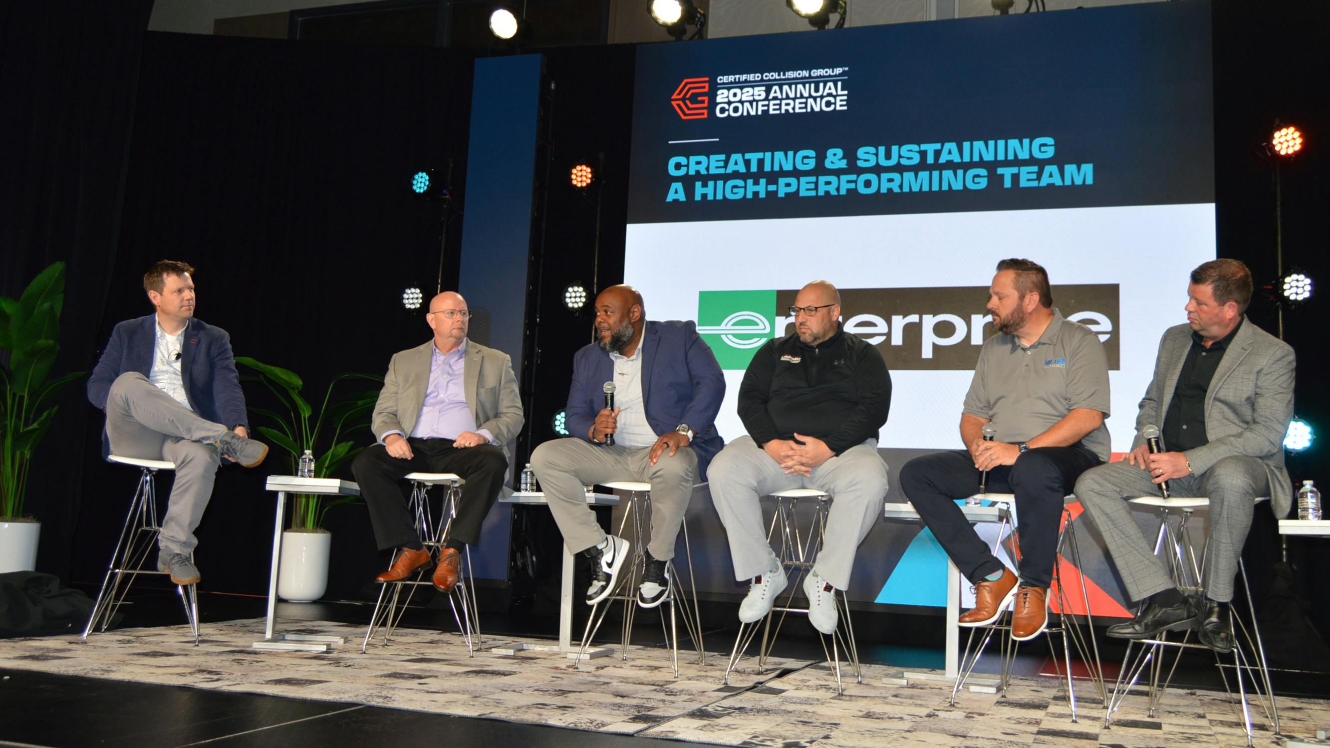 A WINNING TEAM From left, Ryan Taylor, David Black, Jason Taylor, Steve Olson, Chris Ray, and Jesse Parks' panel discussion offered a number of strategies for solving the technician shortage problem.