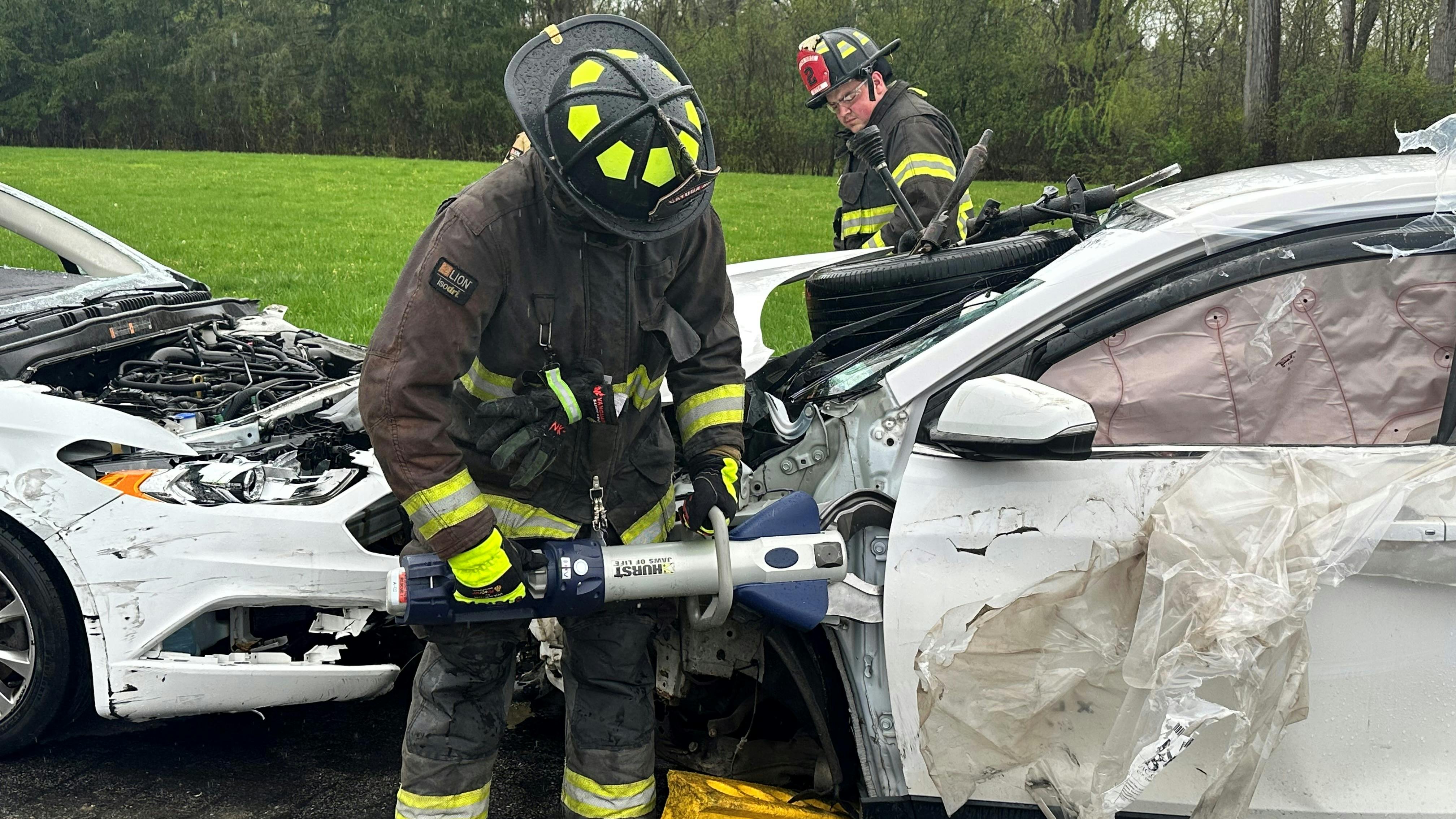 Firefighters get hands-on practice with advanced rescue tools and procedures for modern vehicles on May 3 in Lancaster, New York.