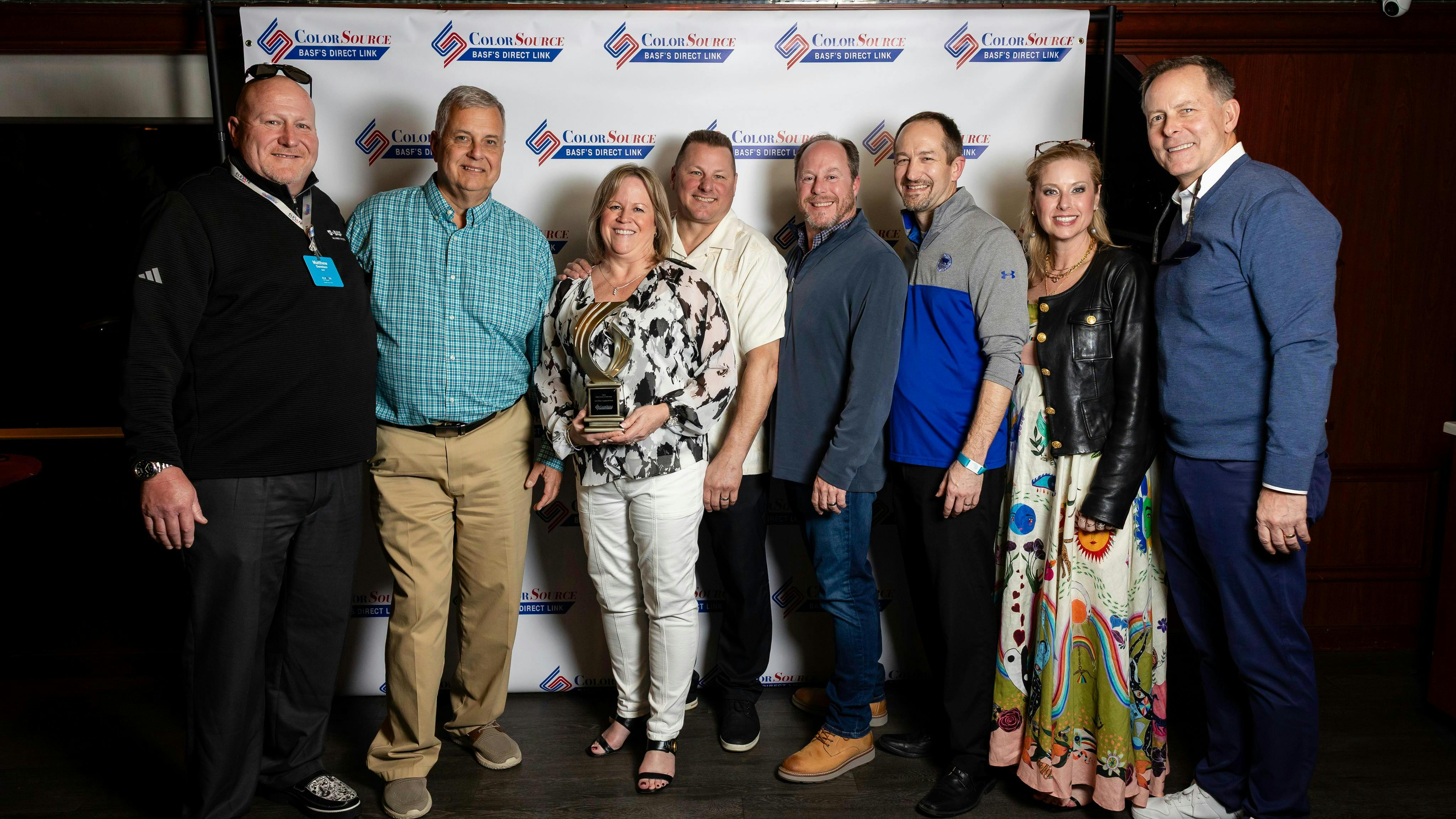 BASF Coatings presented the 2025 Jobber of the Year award to representatives from Auto Body Supplies and Paint. From left: ABSAP Regional Business Manager Matt Dennison, ABSAP General Manager Rick Hutchinson, ABSAP Vice President Laura Koss, ABSAP Business Development Manager Dave Koss, ABSAP Operations Manager Jeff Ryalls, BASF U.S. Sales Director Tim Shrewsburg, BASF Zone Manager Caroline Cooper, and Joel Johnson, vice president, Automotive Refinish Coatings at BASF.