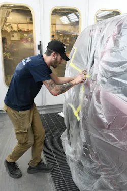 EXAMINE MASKING PROCEDURES; with 2” tape and urethane-grade plastic sheeting, there is almost no need for masking paper use. EXAMINE MASKING PROCEDURES; with 2” tape and urethane-grade plastic sheeting, there is almost no need for masking paper use.