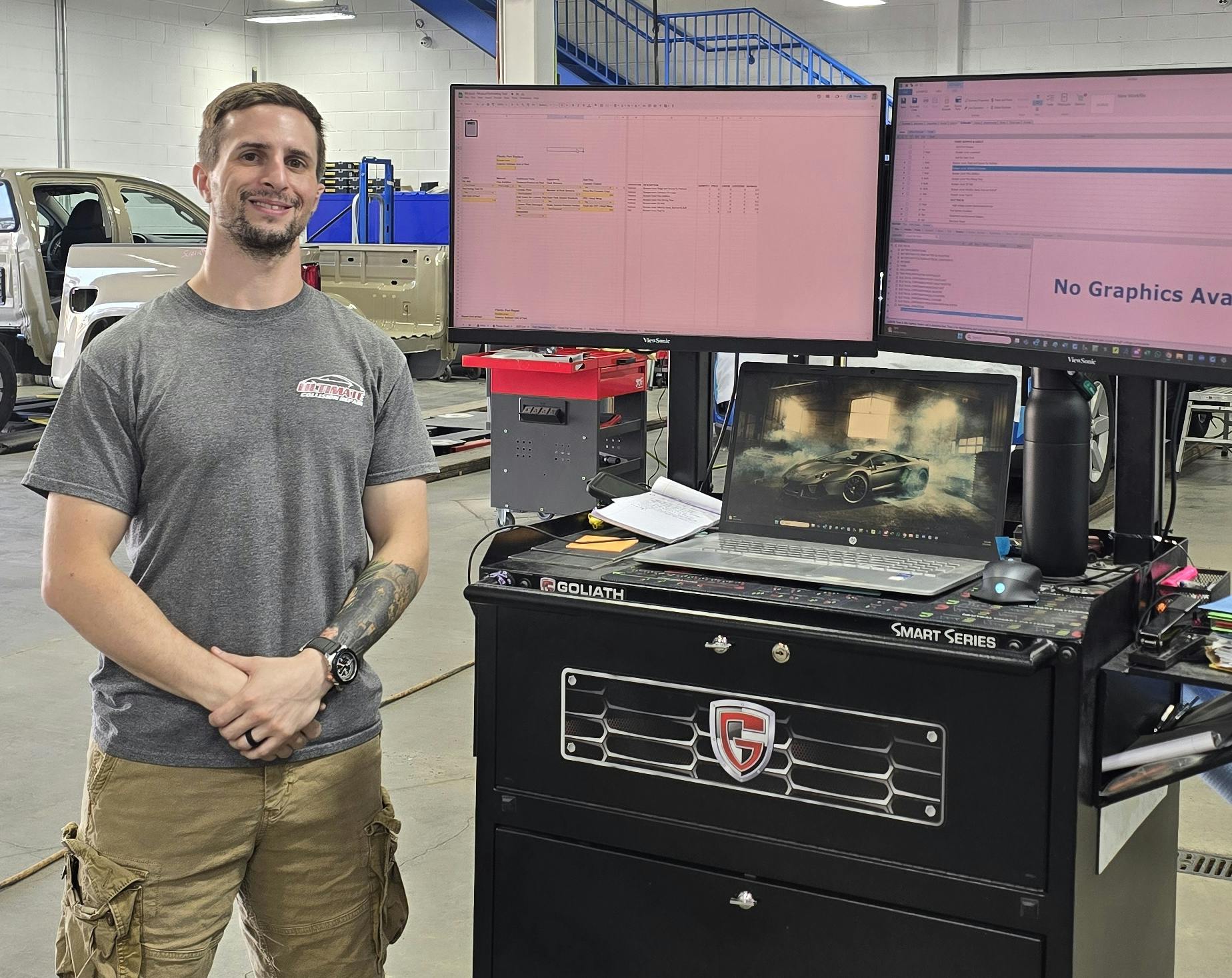 COMMAND CENTER: Anthony McNee uses the McStud Estimating Tool, on the left screen, to quickly calculate estimates and transfer the results into the estimating system.