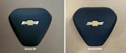 Although counterfeiters have gotten better at faking air bags, inconsistencies remain. In this example, the Chevrolet bowtie emblem lacks the quality fit and finish, including not properly fitting the recess in the vinyl airbag cover. Although counterfeiters have gotten better at faking air bags, inconsistencies remain. In this example, the Chevrolet bowtie emblem lacks the quality fit and finish, including not properly fitting the recess in the vinyl airbag cover.