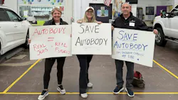 Kelly Lightbown of DB National Warehouse Supply, Rachel James of Torque Financial Group, and Mark Davis of Shamrock Sales show support for the Shawsheen Valley Technical High School Auto Collision Program at a school Advisory Board meeting on October 16. Kelly Lightbown of DB National Warehouse Supply, Rachel James of Torque Financial Group, and Mark Davis of Shamrock Sales show support for the Shawsheen Valley Technical High School Auto Collision Program at a school Advisory Board meeting on October 16.