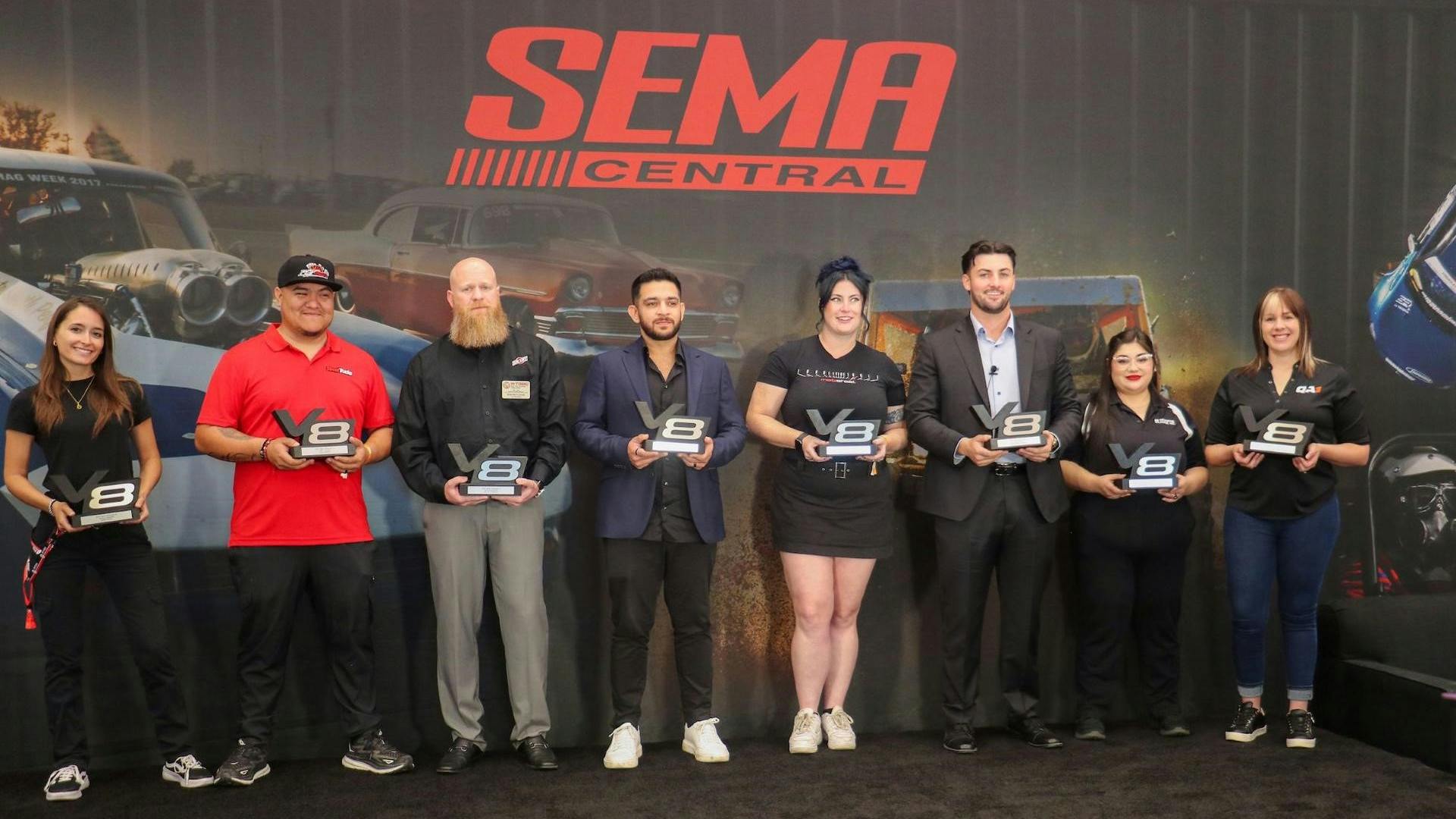 From left: Anna Glennon, Jose Acevedo, Ryan Rutledge, Adi Bathla, Emma Sauve, Jack Reusch, Payton Matlock, and Kasey Saltness are the 2025 SEMA Visionary 8 honorees.
