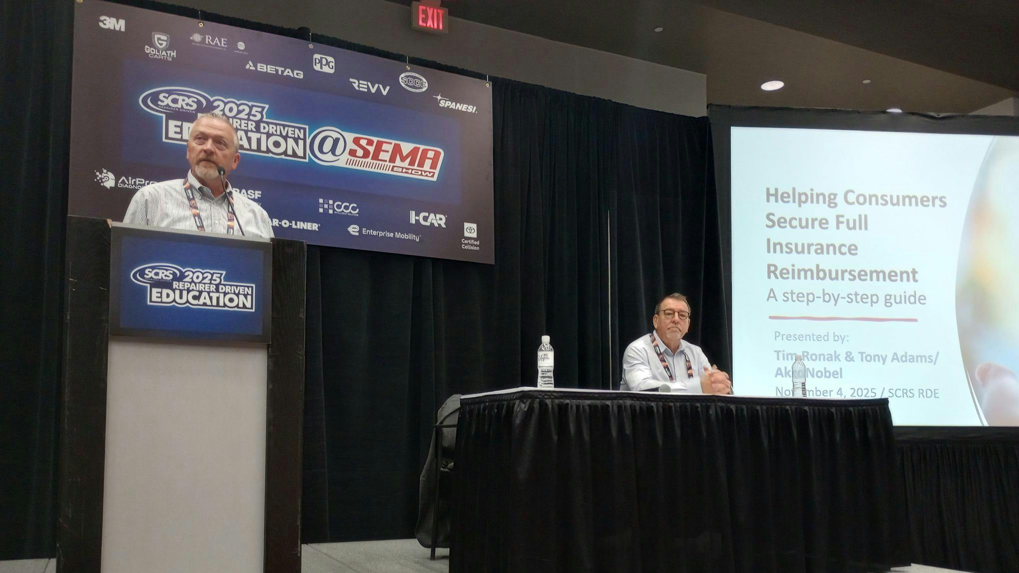 AkzoNobel's Tony Adams, left, and Tim Ronak present the session 'Helping Consumers Secure Full Reimbursement' as part of the Society of Collision Repair Specialists Repair Driven Education Series at the SEMA Show on Nov. 4.